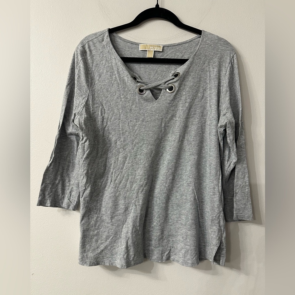 MICHAEL Michael Kors Gray Lace-Up 3/4 Sleeve Top